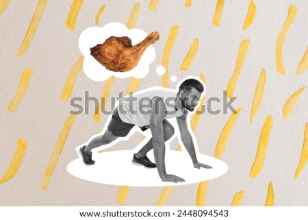 Composite trend sketch image 3d photo collage of black white silhouette young sportsman jogging mind cloud fried chicken temptation