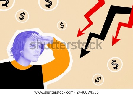 Artwork image trend sketch composite 3d collage photo of young serious lady strong look on trade analyze stats charts like lighting bolt dollar coins around Royalty-Free Stock Photo #2448094555