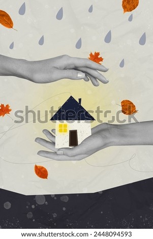 Sketch image trend artwork composite photo collage of black white silhouette hands hold tiny house between cover from rain autumn weather