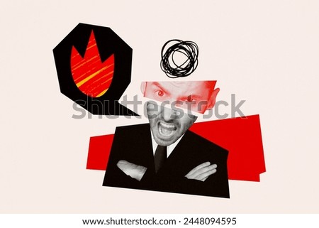 Creative drawing collage picture of angry boss crossed hands fire flame mad bad mood pressure deadline weird freak bizarre unusual