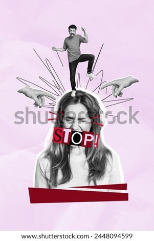 Vertical photo collage screaming woman stop harassment bullying mental pressure aggressive furious man shaming pointing finger Royalty-Free Stock Photo #2448094599