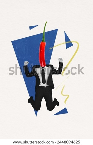 Vertical image collage of happy young businessman jump instead head hot red pepper burn caricature black suit tie isolated on painted background