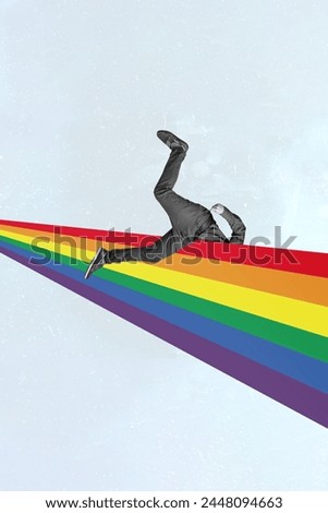 Collage banner picture of an unknown man jumping high colorful rainbow symbolizing social stereotypes isolated on drawing background
