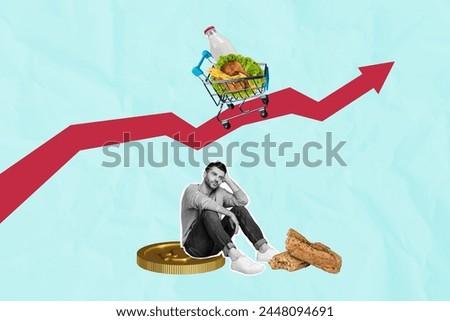 Creative picture collage young upset sitting man crypto golden coin currency trader supermarket grocery cart increase growth income