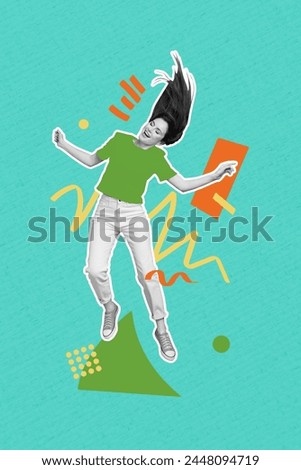 Vertical image collage of happy cheer girl nightlife wear stylish hipster jump hair dance club disco isolated on painted background