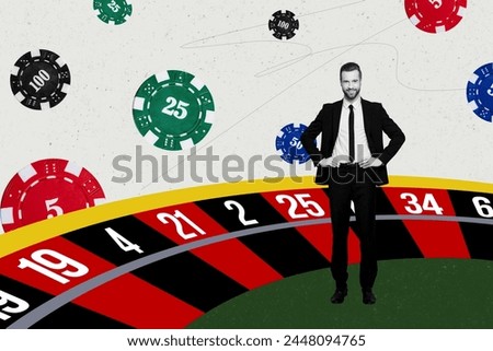 Creative picture collage young businessman guy dealer croupier casino roulette gambling prize money winner entertainment fortune chance