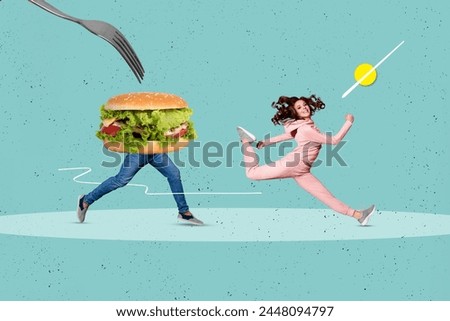 Photo collage picture young running girl escape burger man legs body caricature healthy nutrition avoid calories junk food