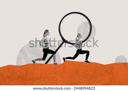 Composite photo collage of two young serious girls do lunges magnifier pilates aerobics exercise practice isolated on painted background