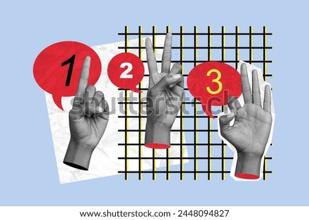 Creative photo image collage human hands 3d arms psychedelic concept showing numbers gestures textbox bubbles checkered background count