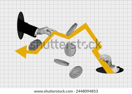 Creative collage picture human hands hold dynamic arrow chart coins bitcoin cryptocurrency money wealth successful investor
