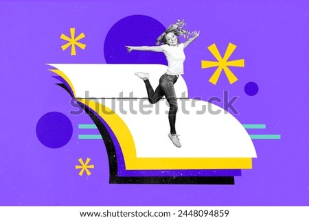 Artwork image trend sketch composite 3d collage photo of black white colored young smart lady excited jump on huge education book insight knowledge lesson