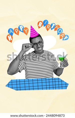 Vertical collage image of black white effect guy hold cocktail glass happy birthday party isolated on beige background