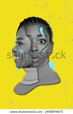 Vertical photo collage of crazy smile girl half face mental problem bipolar syndrome therapy disease psyche isolated on painted background