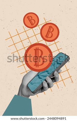 Vertical creative photo collage human hand hold smartphone online trading virtual currencies bitcoin golden tokens checkered background
