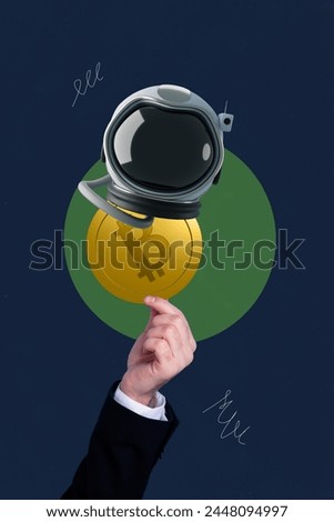 Vertical creative collage picture human hand hold bitcoin token business golden coin space helmet earnings drawing background