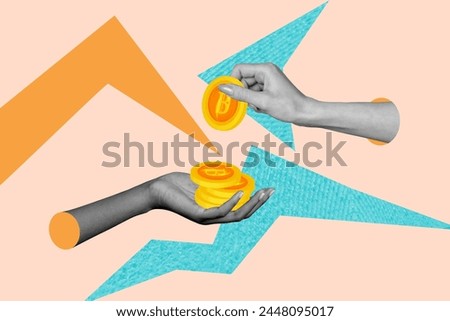 Creative picture collage human hands hold golden coins tokens wealthy crypto trading 3d body fragments drawing background