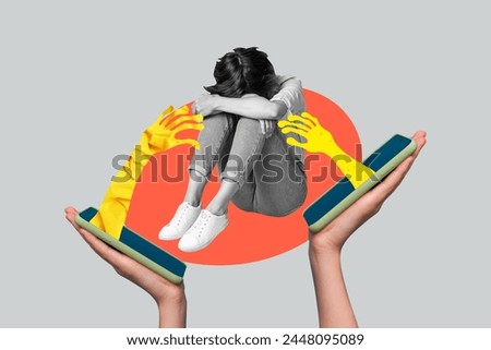 Creative collage picture sitting young depressed woman girl smartphone social media harassment offense mockery victim drawing background