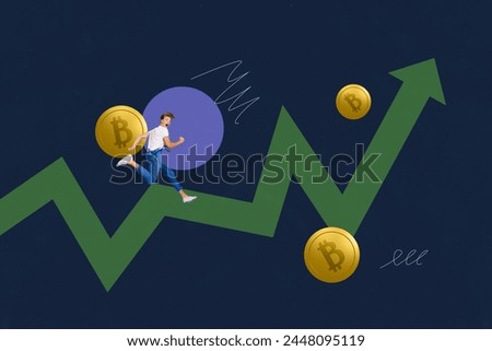 Creative collage picture young running man progress arrow increase earnings charts bitcoin crypto trader earnings income
