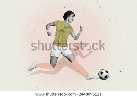 Collage image of cheerful black white effect girl running kick football isolated on creative painted background