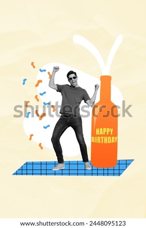 Collage picture of cheerful happy guy celebrate birthday in night club drink alco beverage isolated on drawing background
