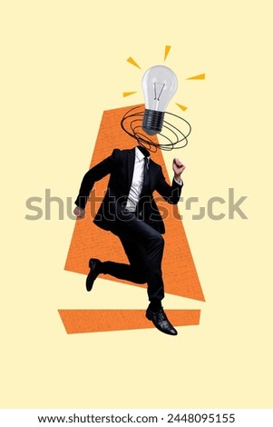 Vertical photo collage picture running businessman headless person lighbulb lamp eureka smart decision planning solution