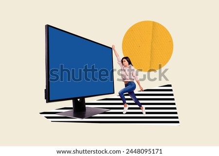 Creative collage picture young confident persistent girl go raised hands computer monitor surreal concept reach goal target