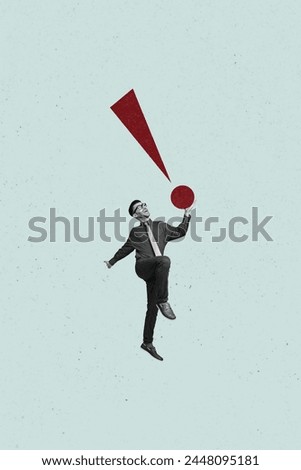 Vertical creative picture collage jumping young ambitious energetic man hold exclamation mark worker office clerk happy excited guy