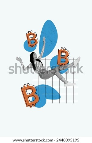 Vertical creative picture collage happy cheerful young girl falling bitcoin trader economy finance cryptocurrency checkered background