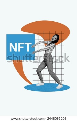 Vertical collage picture happy cheerful woman showing nft sign checkered background joyful positive mood trading economy finance