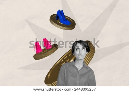 Creative photo collage young thoughtful woman decide shoes buyer choose golden coins finance economy trader drawing background