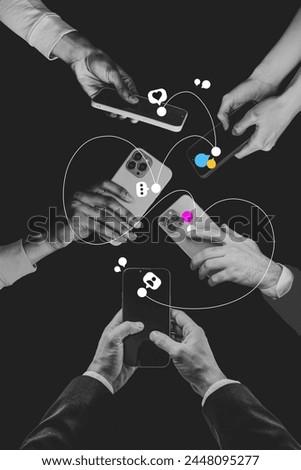Vertical photo collage of people hand hold new iphone device correspondence messenger technology sms isolated on painted background Royalty-Free Stock Photo #2448095277
