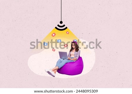 Trend artwork sketch 3D photo collage of young pinup lady work laptop on legs sit beanbag retro vintage like heart reaction thumb wifi