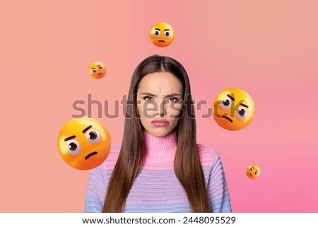 Creative photo picture collage young pretty beautiful angry woman emoji emoticon reaction face expression drawing background