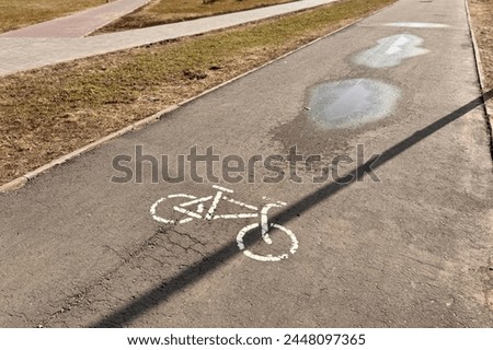 A bike path in the park with a marking in the form of a bicycle image and a small puddle in front of the track