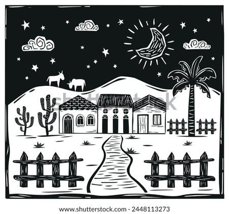 Village of farm houses in the interior of the country. Woodcut in the cordel style of northeastern Brazil. Vector illustration Royalty-Free Stock Photo #2448113273