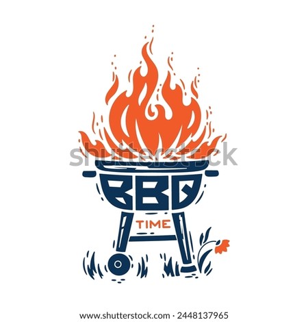 BBQ Time. Grill Barbecue Party. Portable Charcoal Grill with Fire Flames. Vector illustration. 