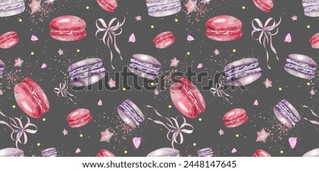 Seamless pattern Macaroons. Pink and Violet Macaroons, bows, sweet hearts and stars. Watercolor illustration. for menu, cookbooks, blogs, recipes, kitchen textiles, card, invitation, wallpaper, flayer
