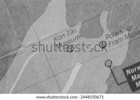 Kon-Tiki Museum in Oslo, Norway city town centre map of district atlas name tourist area in black and white