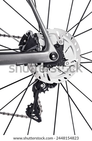 Disk brake (rear) on a road bike. Isolated on white. Royalty-Free Stock Photo #2448154823