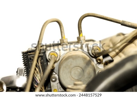 Pictures of motorcycle concept maintenance and repair on white background.