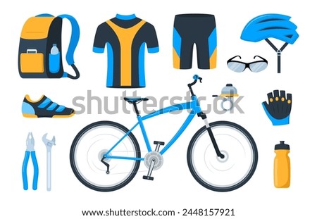Bicycle set. Bike equipment. Cyclist gear, sportswear for biker, track accessories for extreme sport training isolated on white. Vector illustration