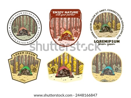 Camping in nature with partner. Vintage outdoor illustration design