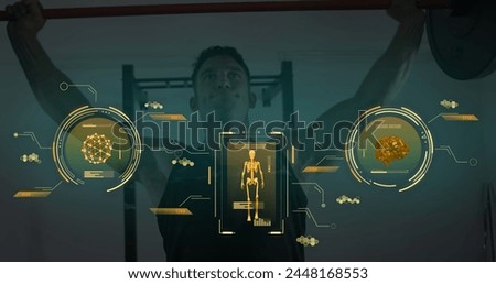 Image of data processing over caucasian man exercising in gym. Global sports, science, computing, digital interface and data processing concept digitally generated image.