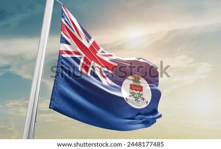 Cayman Islands national flag waving in the sky.
