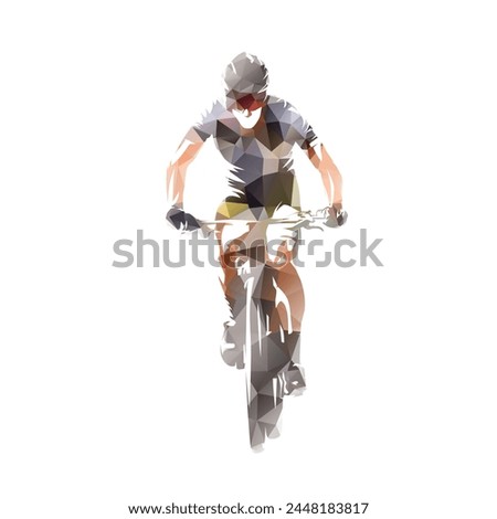 Cycling, man riding a mountain bike, front view, isolated low poly vector illustration
