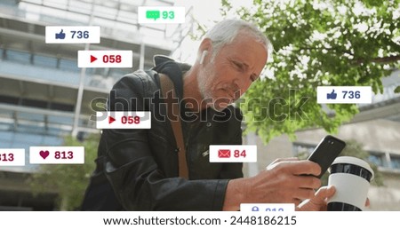 Image of social media icons over senior man using smartphone. social media and communication concept digitally generated image.