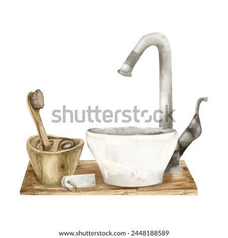 Bathroom composition with white sink, silver tap on wooden table with zero waste bamboo toothbrush in wooden cup. Cozy home decoration. Bath interior , product packing design.