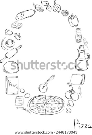 Graphic pizza poster, hand drawn vector illustration. Ingredients for Italian restaurant or mediterranean food. pizza food elements clip art. Delicious Italian appetizer