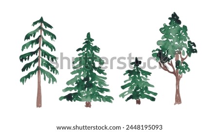 Green trees clip art hand drawn with watercolor. Isolated on white. Forest evergreen tree. Fir tree, pine, oak tree. Summer nature illustrations. For designing cards, banners, invitations