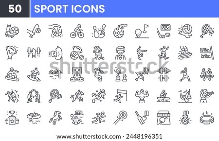 Sport vector line icon set. Contain linear outline icons like football, fitness, volleyball, golf, tennis, boxing, basketball, athletic, bicycle, ski, bowling, yoga, hockey. Editable use and stroke.